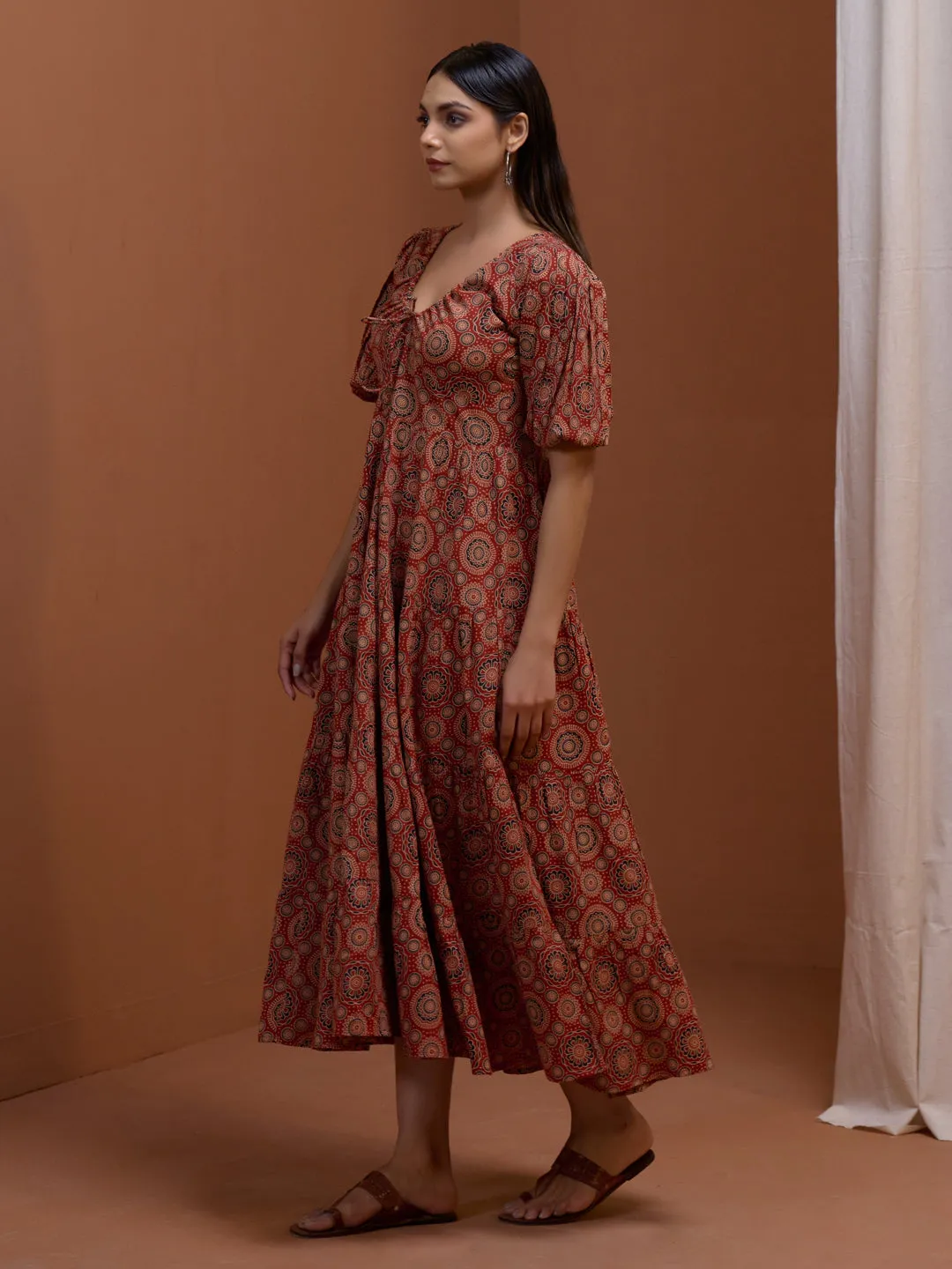 Women's Rust Printed Tier Dress Cozy and Comfortable Luxe Look