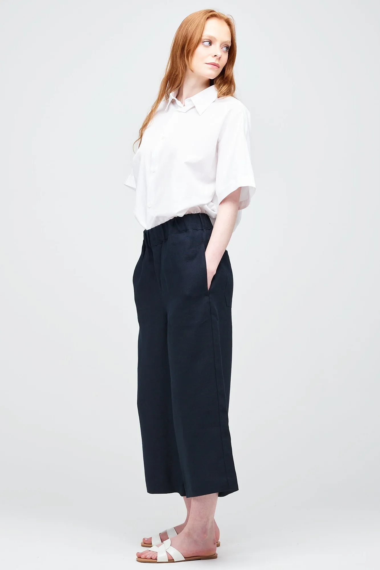 Women's Short PJ Trousers - Navy Linen Functional Waist SnagFreeFabric