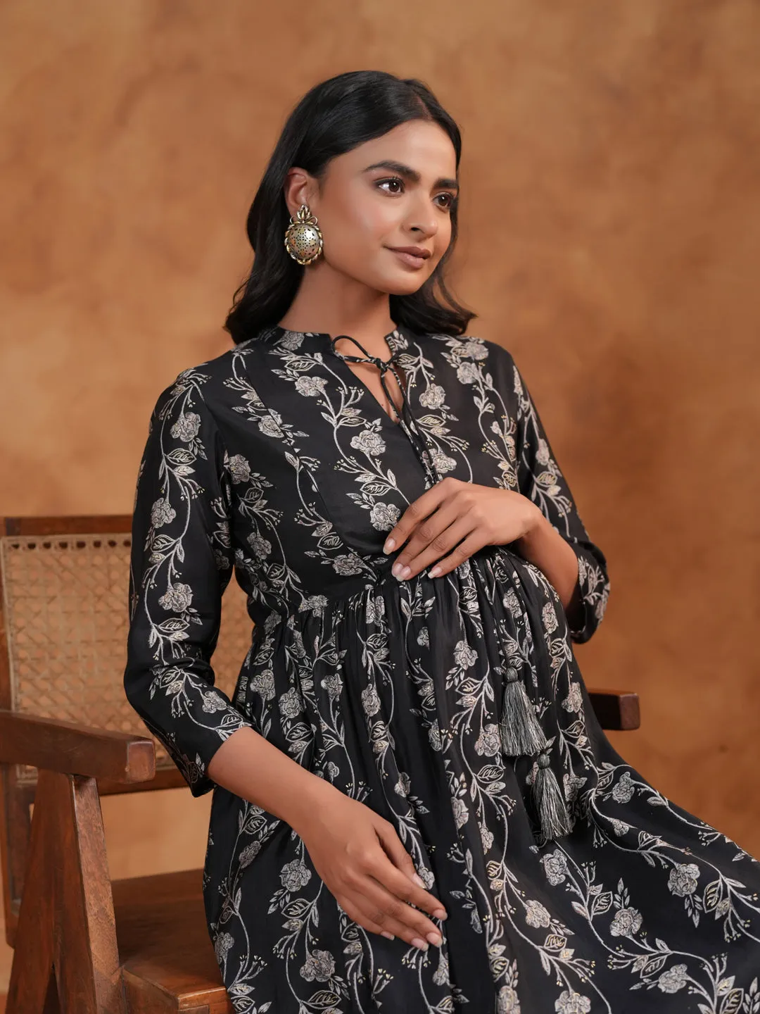 Women's Silk Black Maternity Dress Stylish Fit Sheer Look