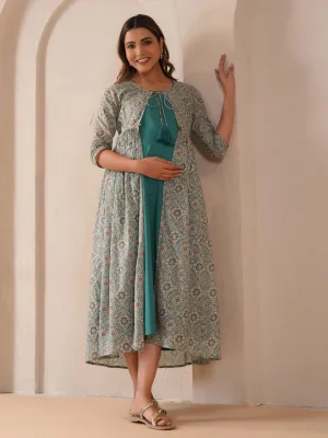Women's Teal Maternity Dress with Jacket Subtle Lines
