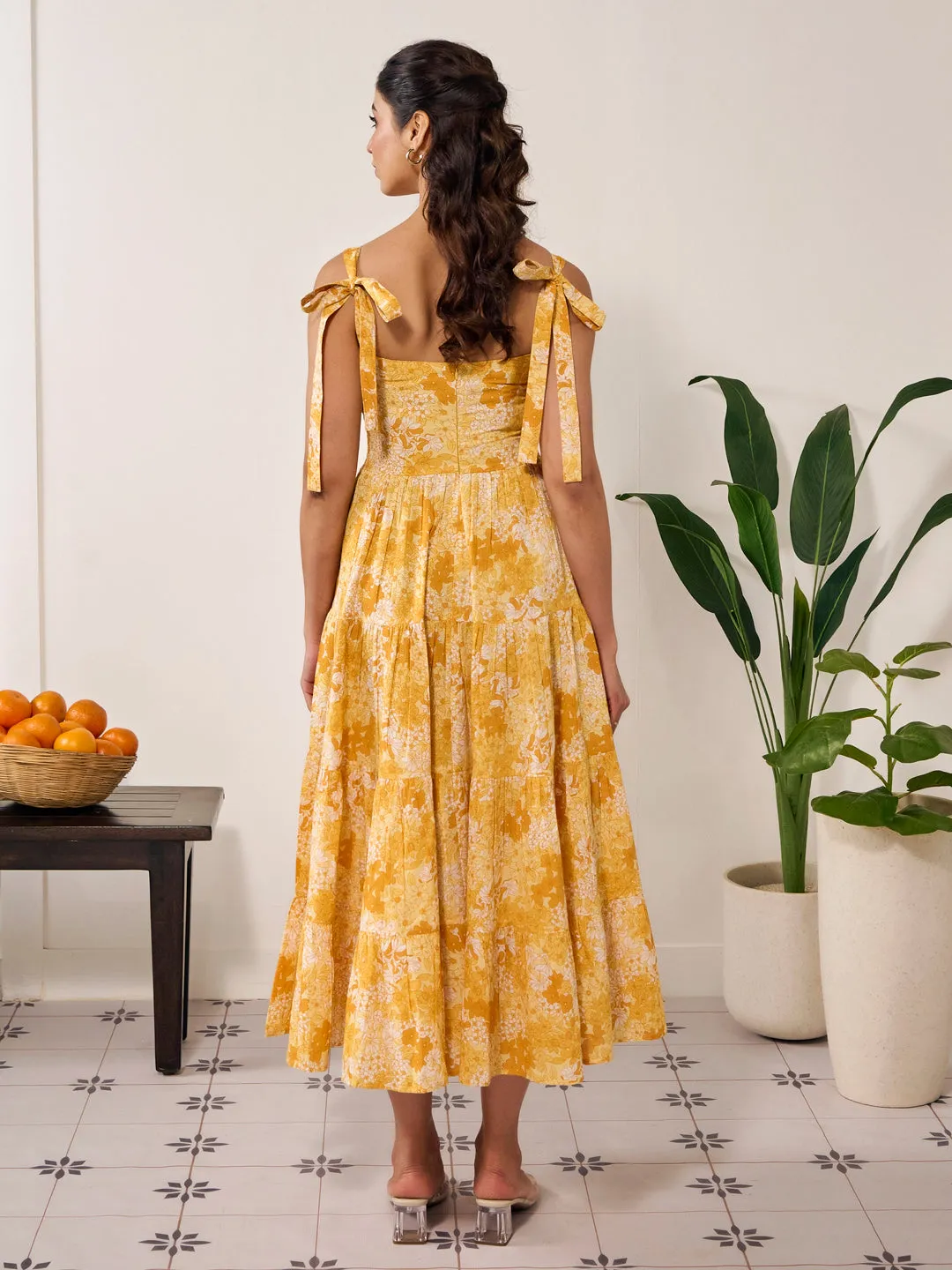 Women's Tier Style Long Flared Tie Up Dress Korean Trend