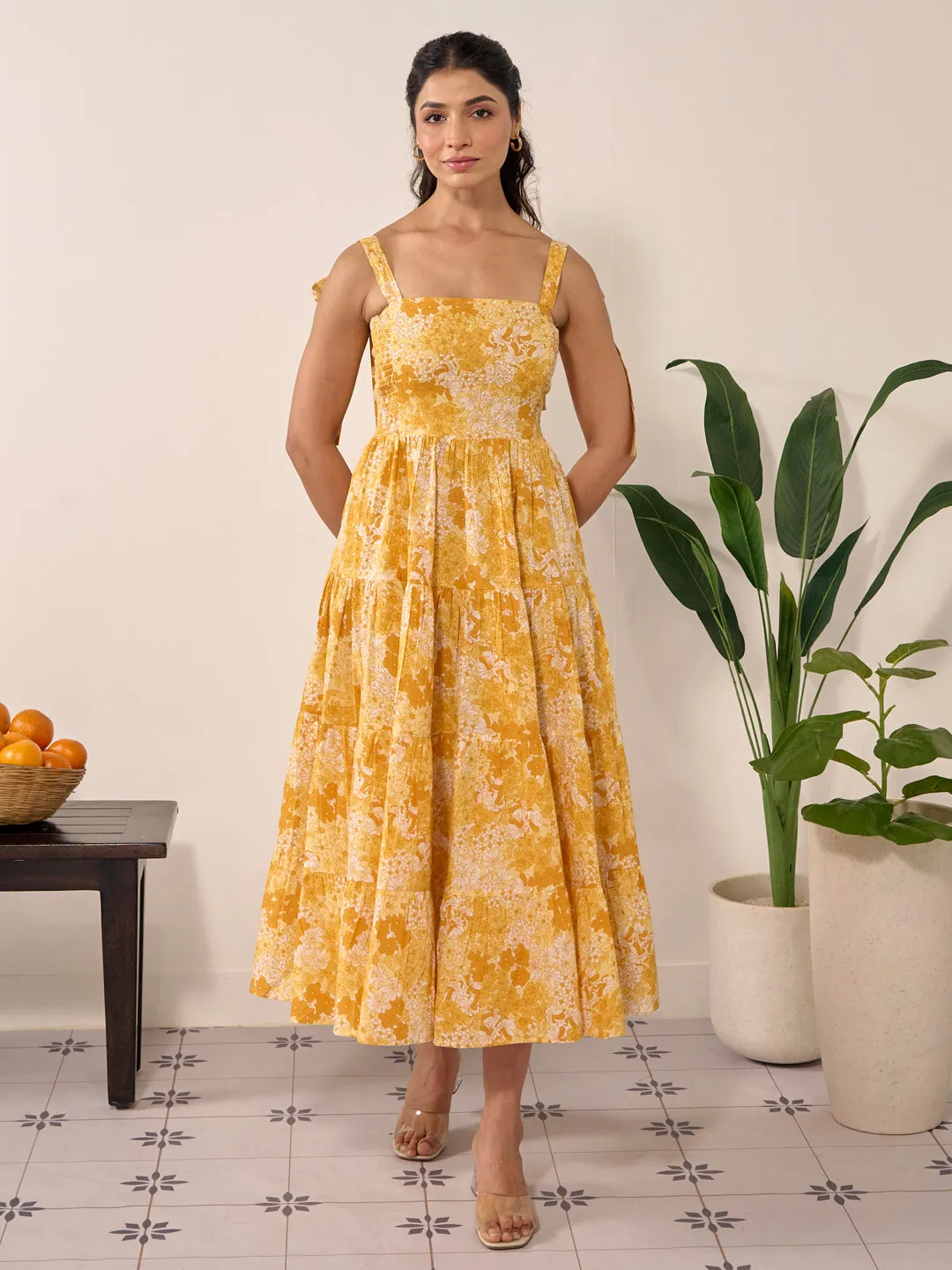 Women's Tier Style Long Flared Tie Up Dress Semi Sheer Delicate Details