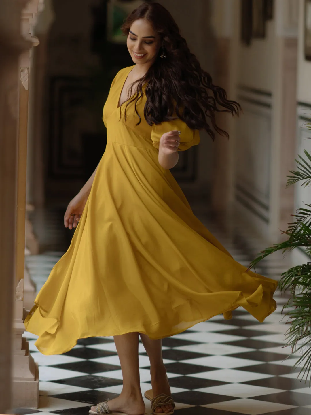 Women's Yellow long dress with balloon sleeves Autumn Ready
