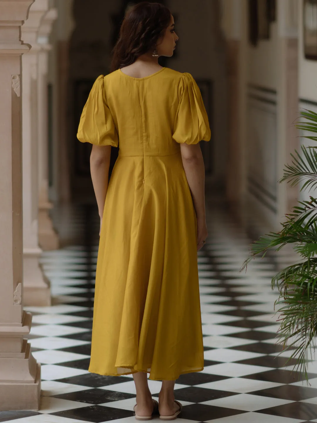 Women's Yellow long dress with balloon sleeves Clean Tone