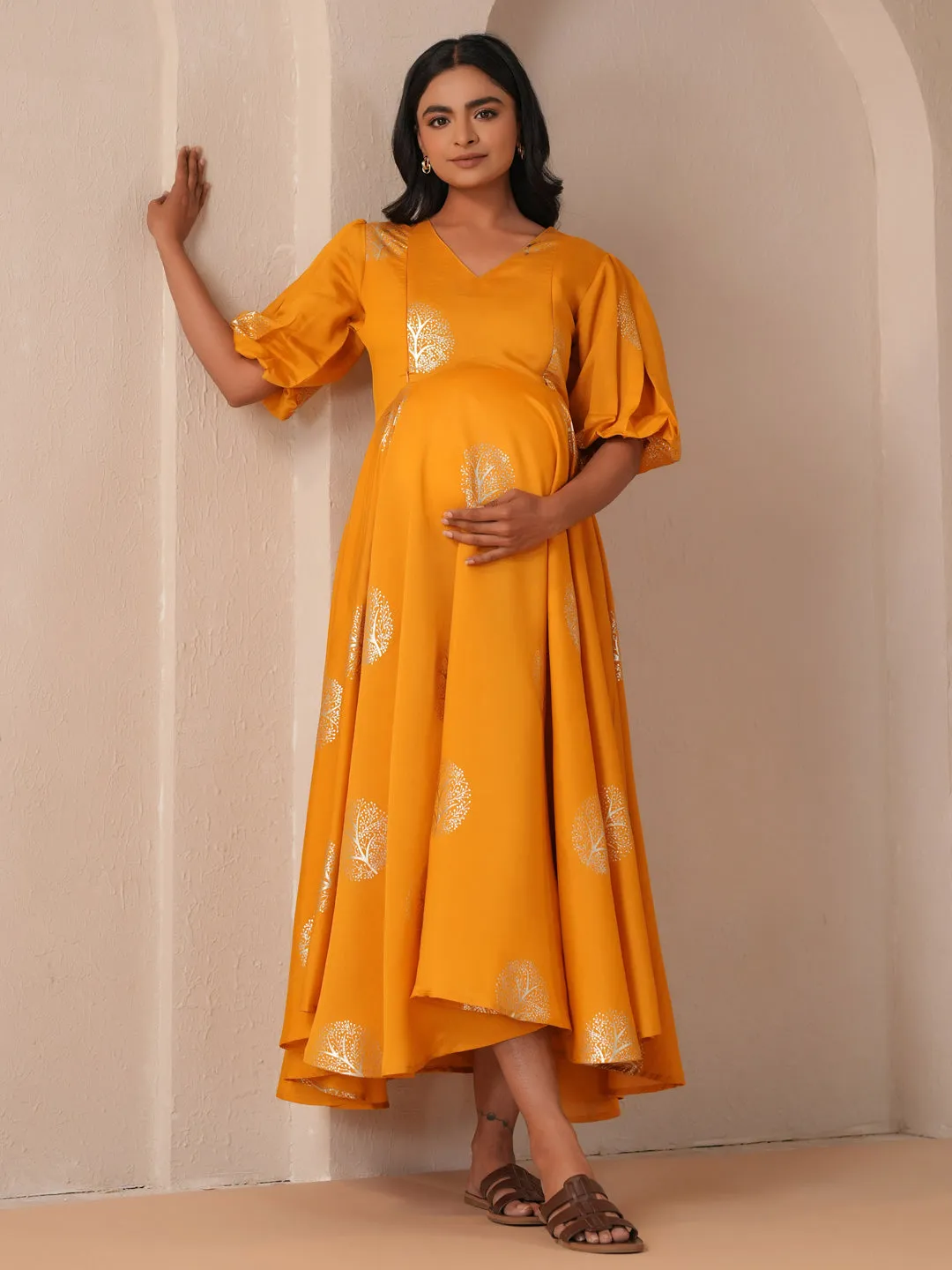 Everyday-Use Classic wrap dress Women's Yellow Silk Maternity Dress
