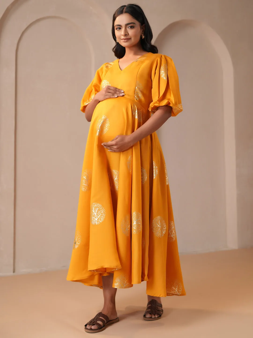 Workwear Comfort Women's Yellow Silk Maternity Dress