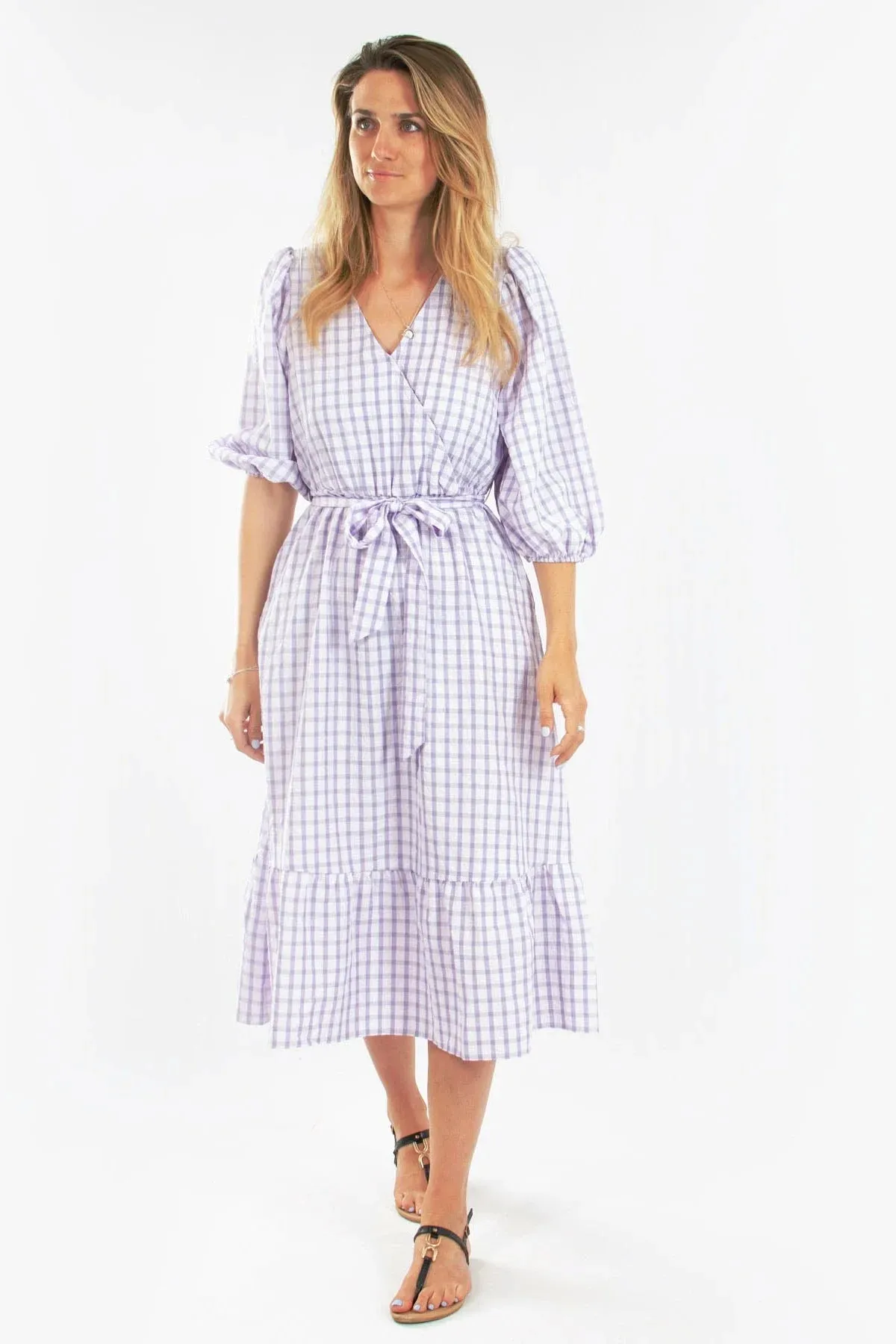 All Layer Check V Neck Midi Dress