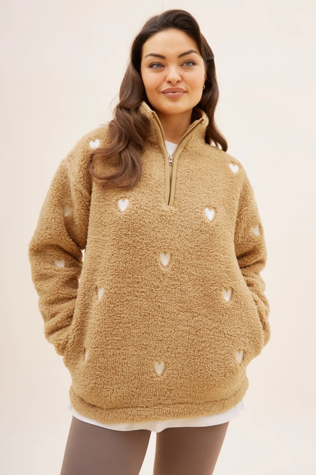 O&F Caramel Heart Embroidered Borg Fleece Forest trails