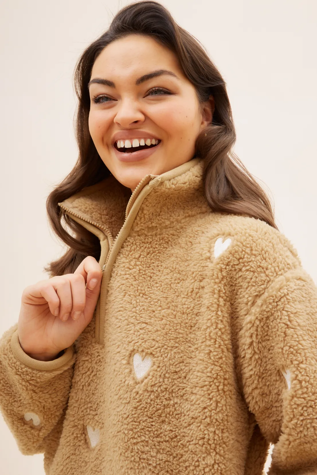 O&F Caramel Heart Embroidered Borg Fleece Performance Fit