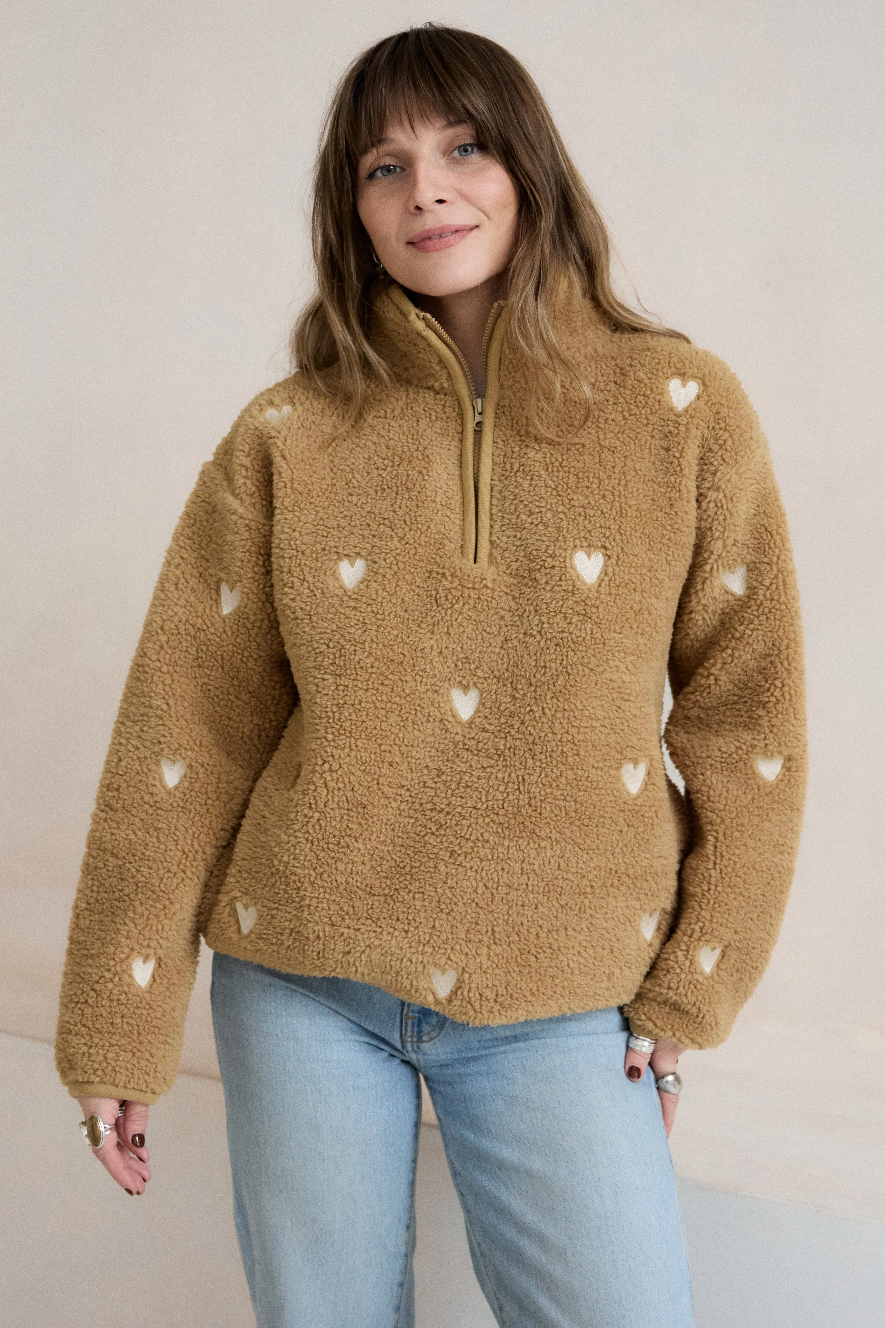 O&F Caramel Heart Embroidered Borg Fleece Relaxed Gear