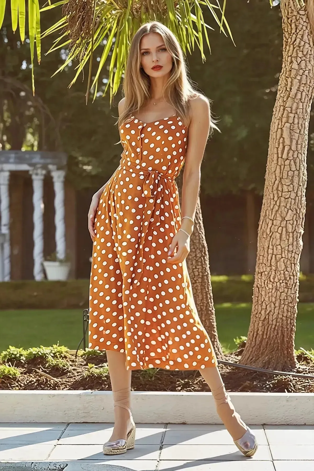 Tan White Spot Print Button Front Fit & Flare Dress Charming Style Textured Layers