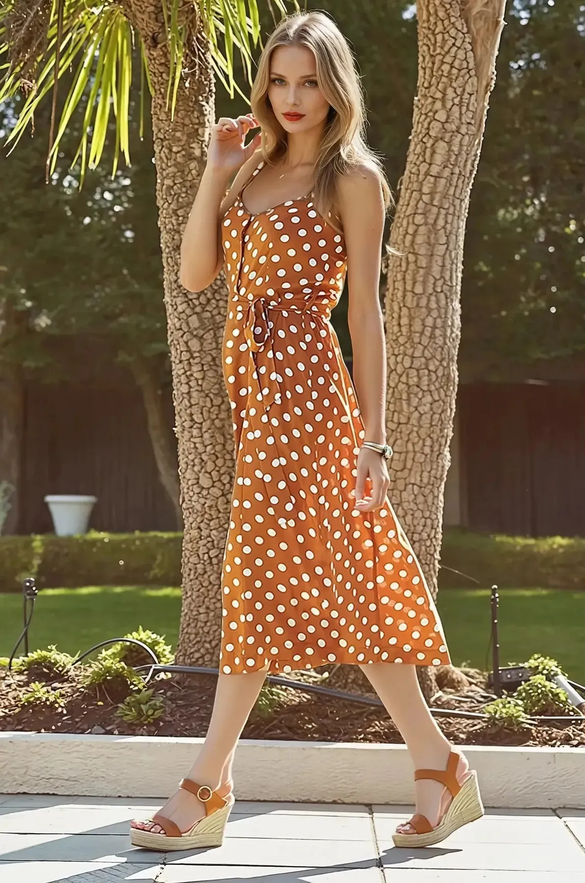 Chic formal attire Tan White Spot Print Button Front Fit & Flare Dress